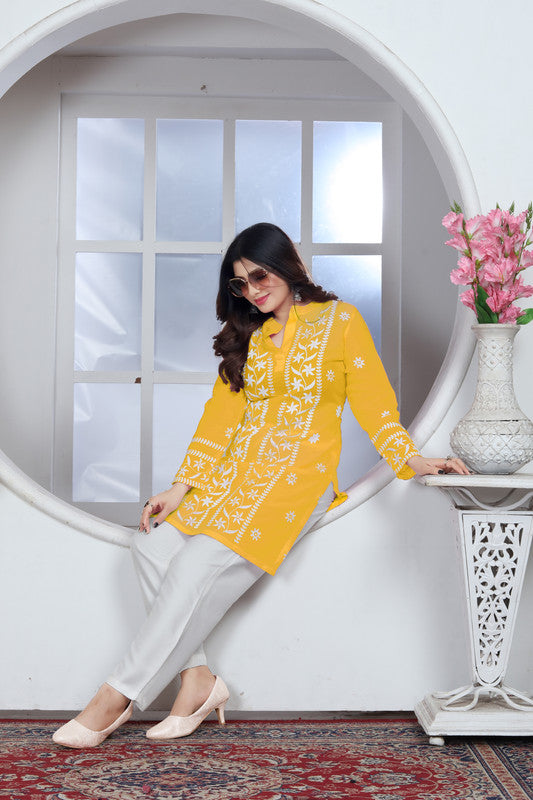 Yellow Coloured Heavy Rayon with Chikankari Embroidery Work Collar Neck Full Sleeves Women Designer Party/Casual wear Short Top!!