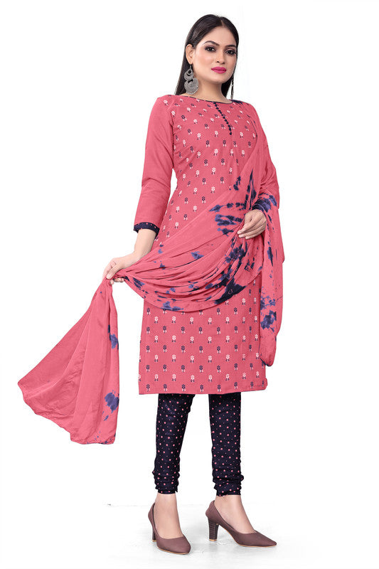 Pink Coloured Magic Slub Cotton with Print Women Party/Casual wear Dress Material Suit- Top with Bottom & Chinon Dupatta!!