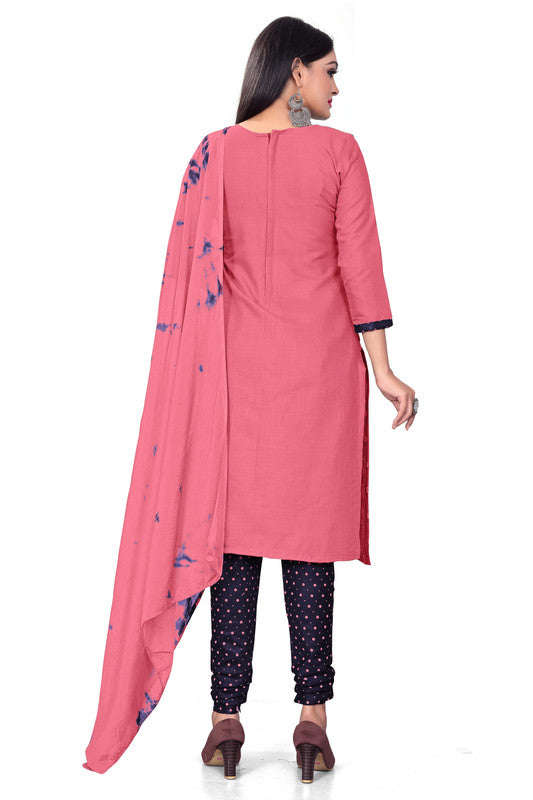 Pink Coloured Magic Slub Cotton with Print Women Party/Casual wear Dress Material Suit- Top with Bottom & Chinon Dupatta!!