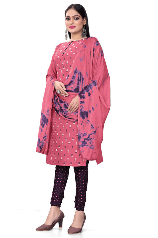 Pink Coloured Magic Slub Cotton with Print Women Party/Casual wear Dress Material Suit- Top with Bottom & Chinon Dupatta!!