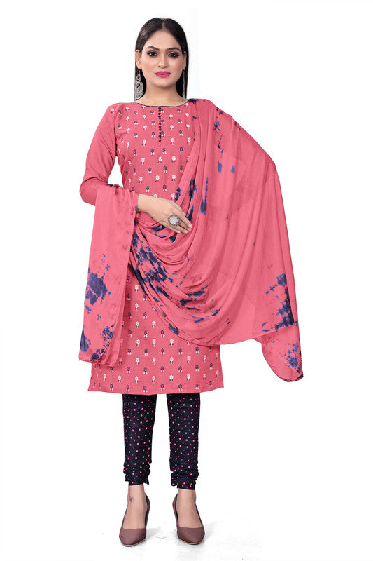 Pink Coloured Magic Slub Cotton with Print Women Party/Casual wear Dress Material Suit- Top with Bottom & Chinon Dupatta!!