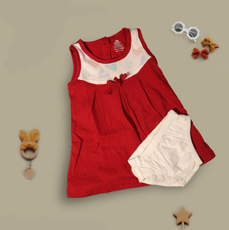 Red Coloured Cotton Daily wear Girls Designer Sleeveless Frock with Panty!!