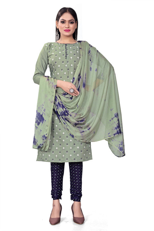 Mehendi Green Coloured Magic Slub Cotton with Print Women Party/Casual wear Dress Material Suit- Top with Bottom & Chinon Dupatta!!