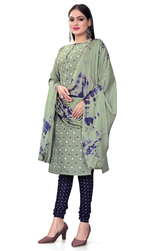 Mehendi Green Coloured Magic Slub Cotton with Print Women Party/Casual wear Dress Material Suit- Top with Bottom & Chinon Dupatta!!