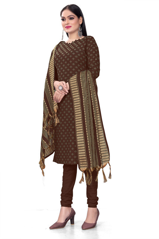 Brown Coloured Banarasi Jaquard with Print Women Party/Casual wear Dress Material Suit- Top with Bottom & Dupatta!!