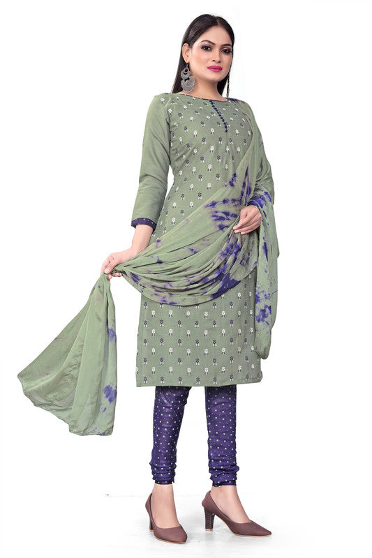 Mehendi Green Coloured Magic Slub Cotton with Print Women Party/Casual wear Dress Material Suit- Top with Bottom & Chinon Dupatta!!