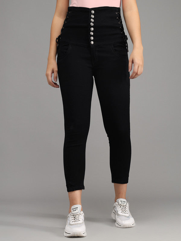 Black Coloured Denim Lycra with 8 Button Stretchable Ankle Length Slim Fit Women Casual/Party wear Jeans!!