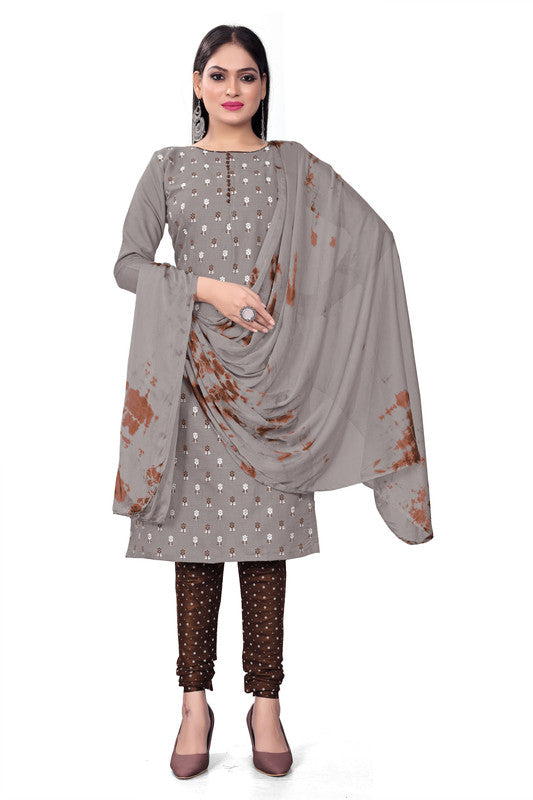 Grey Coloured Magic Slub Cotton with Print Women Party/Casual wear Dress Material Suit- Top with Bottom & Chinon Dupatta!!