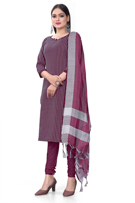 Wine Coloured Banarasi Jaquard with Print Women Party/Casual wear Dress Material Suit- Top with Bottom & Dupatta!!