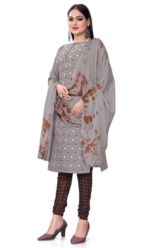 Grey Coloured Magic Slub Cotton with Print Women Party/Casual wear Dress Material Suit- Top with Bottom & Chinon Dupatta!!