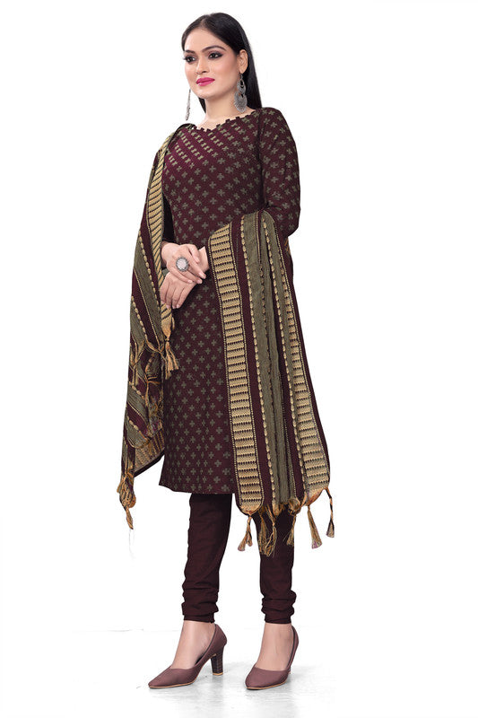 Wine Coloured Banarasi Jaquard with Print Women Party/Casual wear Dress Material Suit- Top with Bottom & Dupatta!!