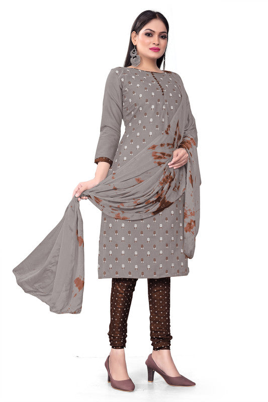 Grey Coloured Magic Slub Cotton with Print Women Party/Casual wear Dress Material Suit- Top with Bottom & Chinon Dupatta!!