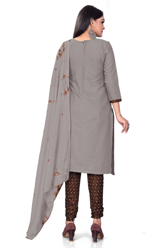 Grey Coloured Magic Slub Cotton with Print Women Party/Casual wear Dress Material Suit- Top with Bottom & Chinon Dupatta!!