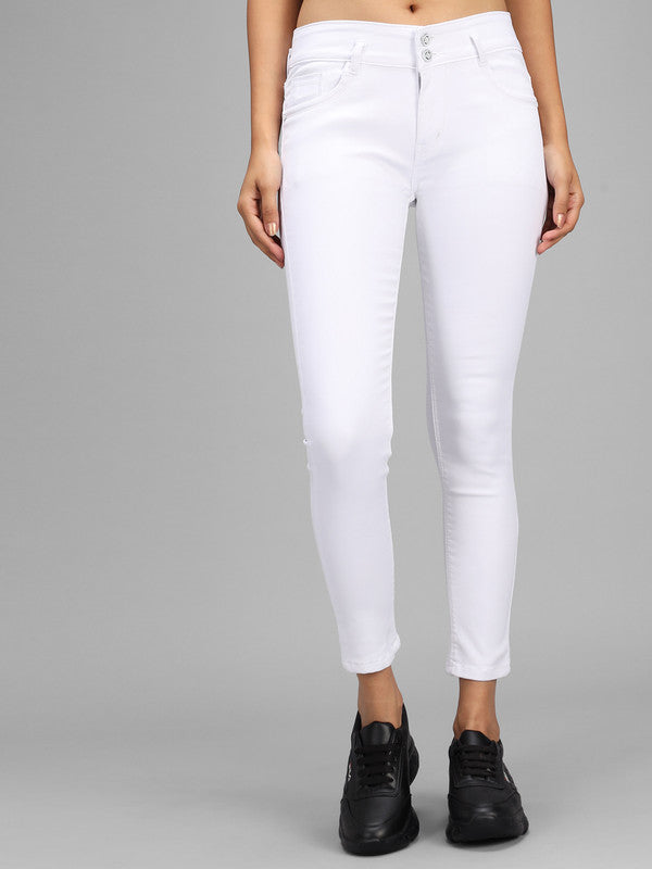 White Coloured Premium Denim Lycra with 2 Button Stretchable Ankle Length Slim Fit Women Casual/Party wear Jeans!!