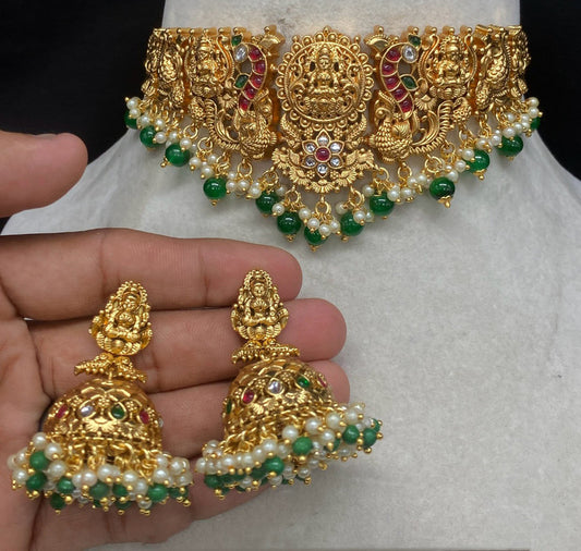 Gold & Green Coloured Beautiful Pure Campo with Pearls Women Lakshmi Designe 1 Gram Gold Plating Choker Necklace Set with Jhumka Earrings!!
