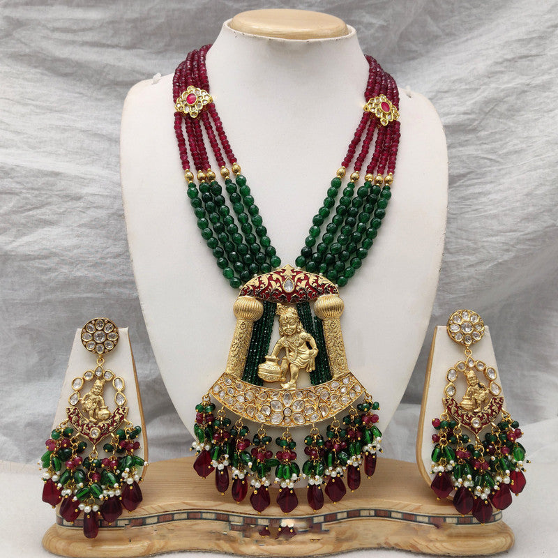 Beautiful Multi Coloured Shree Krishna Bal Gopal Design Pure Brass Gold plated Real Kundan Mala Jewellery set with Earrings!!