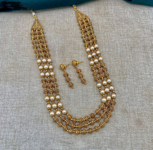 Gold coloured Beautiful Brass Gold plating Mala Jewellery set with earrings!!