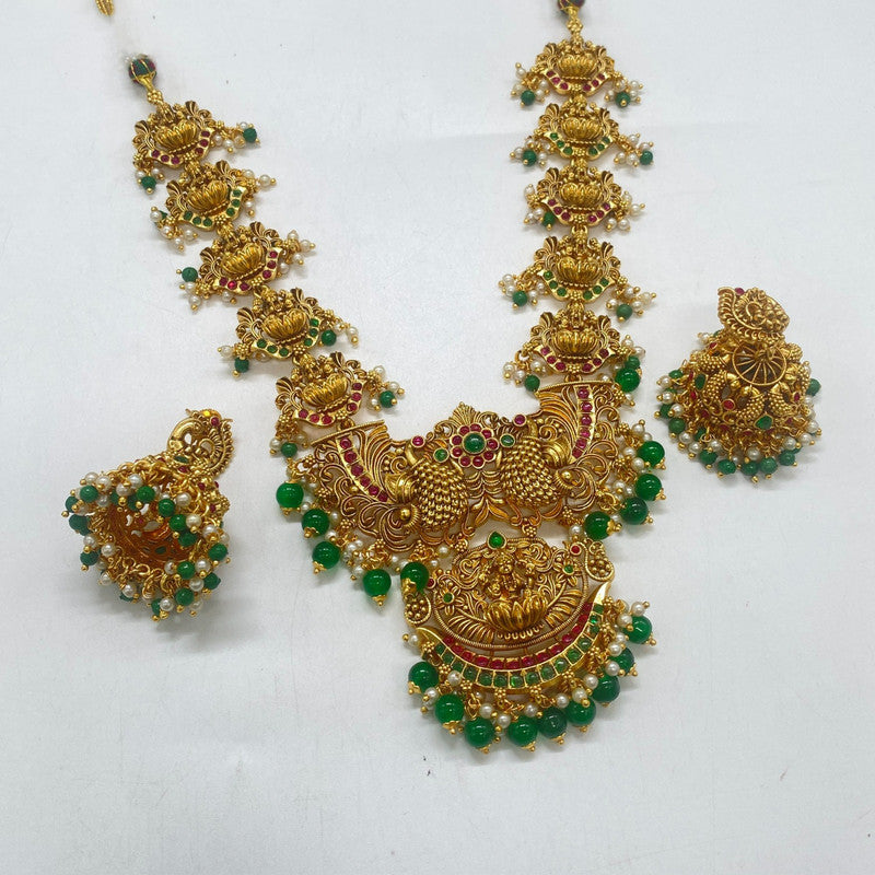 Gold & Green Coloured Pure Brass Real Kundan Gold Plating with Pearls Women Lakshmi Temple Design Long set with earrings!!