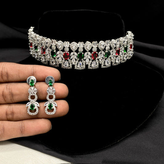 Silver & Mullti Coloured Beautiful American Diamonds Women Designer Silver Plating Beautiful Choker Jewelry Necklace set with Earrings!!