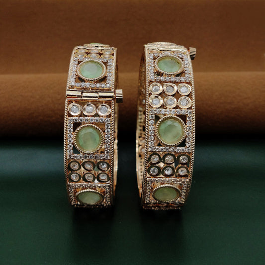 Pista Green & Gold Coloured Pure Brass Real Kundan American diamonds Gold Plating Women Designer Set of 2 Openable Kada Bangles!!