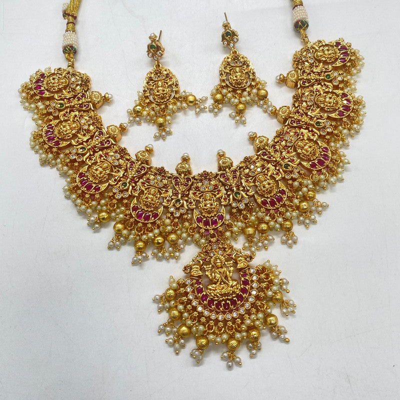 Gold Coloured Pure Brass Real Kundan Gold Plating Women Lakshmi Designe Necklace with earrings!!