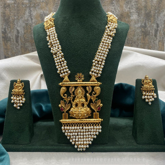 Gold & White Coloured Pure Brass Rajwadi Gold Plating with Pearls Women Designer Lakshmi Haara set with earrings!!