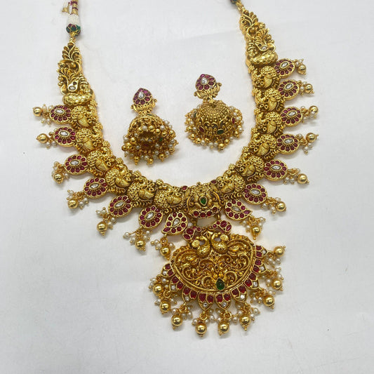 Gold & Maroon Coloured Pure Brass Real Kundan Gold Plating with Pearls Women Peaccock Design Necklace set with earrings!!