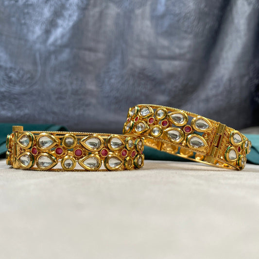 Gold & Multi Coloured Pure Brass Real Kundan Gold Plating Women Designer Set of 2 Openable Kada Bangles!!