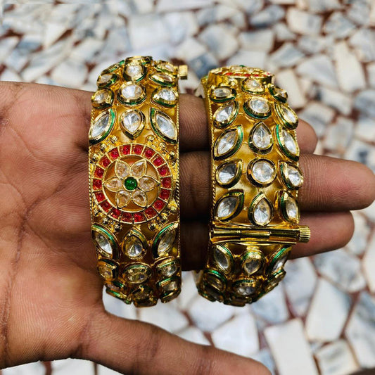 Gold & Multi Coloured Pure Brass Real Kundan Gold Plating Women Designer Set of 2 Openable Kada Bangles!!