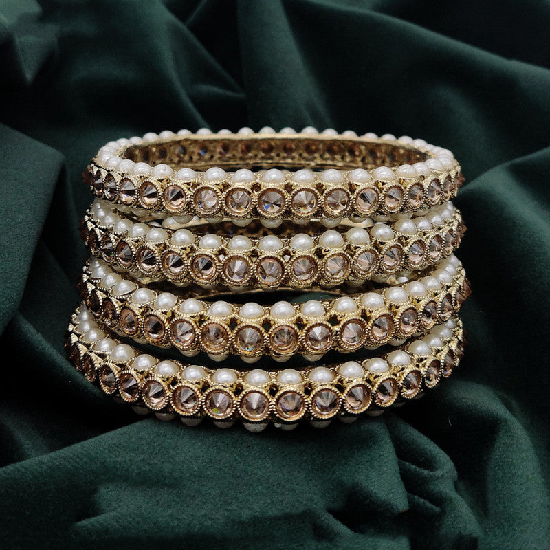 Gold & White Coloured Pure Brass Real Kundan American Diamonds Mehendi Plating Women Designer Bangles Set of 4!!