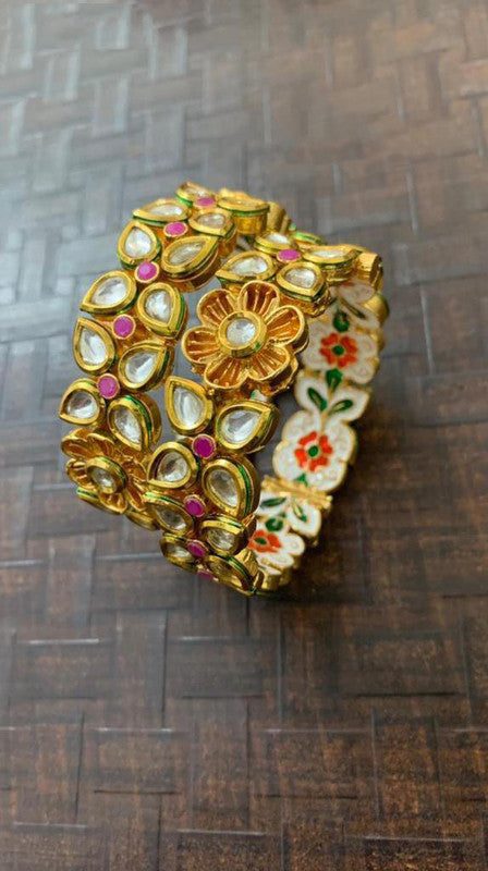 Gold & Multi Coloured Pure Brass Real Kundan Gold Plating Meenakari Work Women Designer Set of 2 Openable Kada Bangles!!