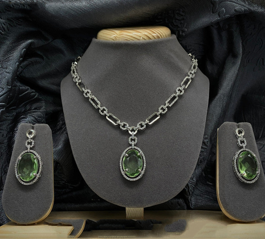 Pista Green & White Coloured Premium American Diamonds Real Kundan Women Pendant Necklace set with earrings!!