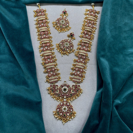 Gold & Marron Coloured Pure Brass Real Kundan Gold Plating with Pearls Women Temple Design Long set with earrings!!