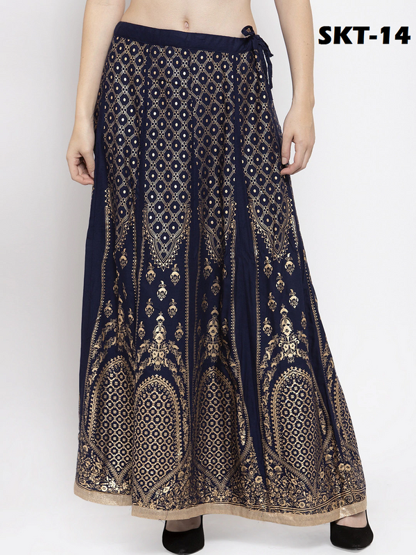 Gold Print Navy Blue coloured Rayon Skirt Free Size( 28 to 40 Inch)!!