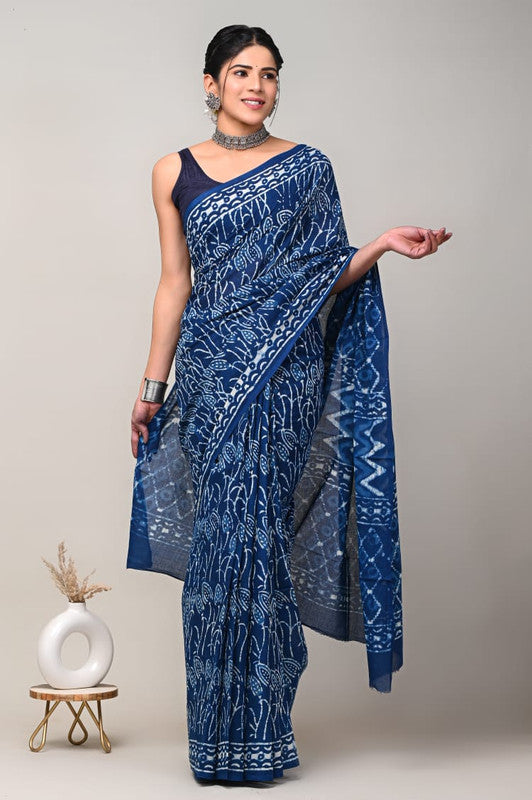 Blue & White Coloured Beautiful Hand Block printed Women Daily/Party wear Pure Cotton Saree with Blouse!!