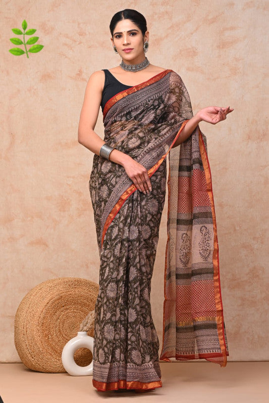 Dark Grey & Multi Coloured Hand Block Printed Women Designer Party wear Kota Doria Cotton Saree with Runnin Blouse!!