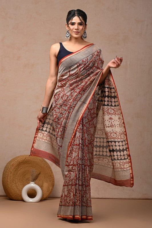 Brick Red & Multi Coloured Hand Block Printed Women Designer Party wear Chanderi Cotton Silk Saree with Runnin Blouse!!