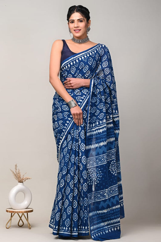 Blue & White Coloured Beautiful Hand Block printed Women Daily/Party wear Pure Cotton Saree with Blouse!!