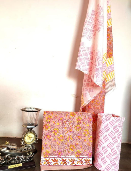 Pink & Multi Coloured Unstitched Pure Cotton Hand Block Printed Women Party/Daily wear Dress Material Suit- Top with Bottom & Cotton Dupatta!!