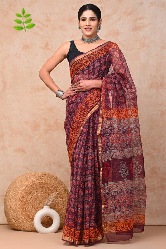 Maroon & Multi Coloured Hand Block Printed Women Designer Party wear Kota Doria Cotton Saree with Runnin Blouse!!