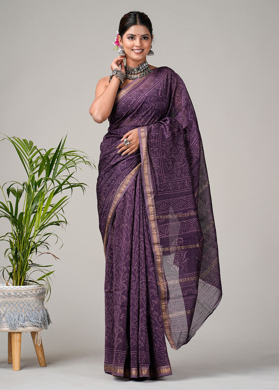 Purple & White Coloured Hand Block Printed Women Designer Party wear Maheshwari Cotton Silk Saree with Runnin Blouse!!