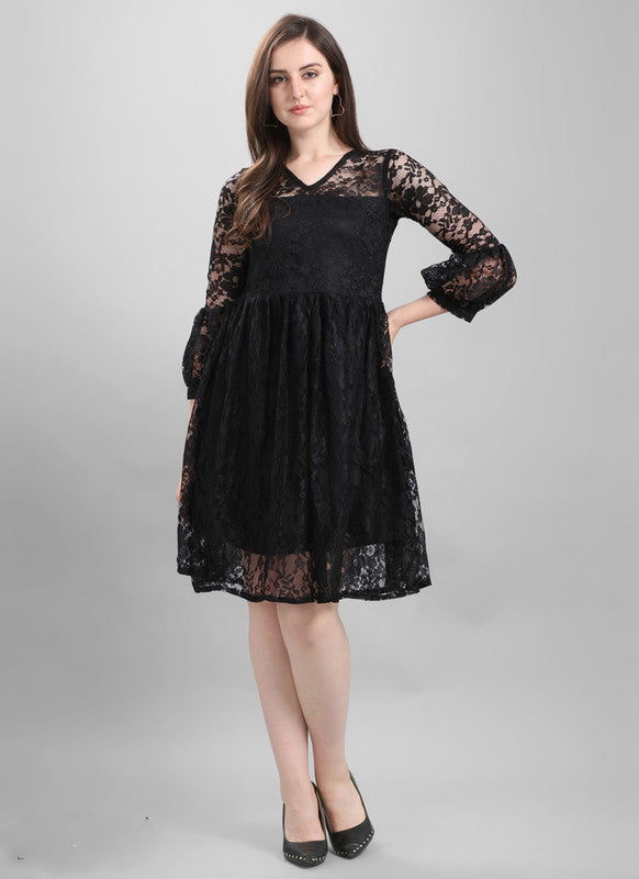Black Coloured Premium Crepe Russel Net Long Sleeves Women Party wear Western Dress!!