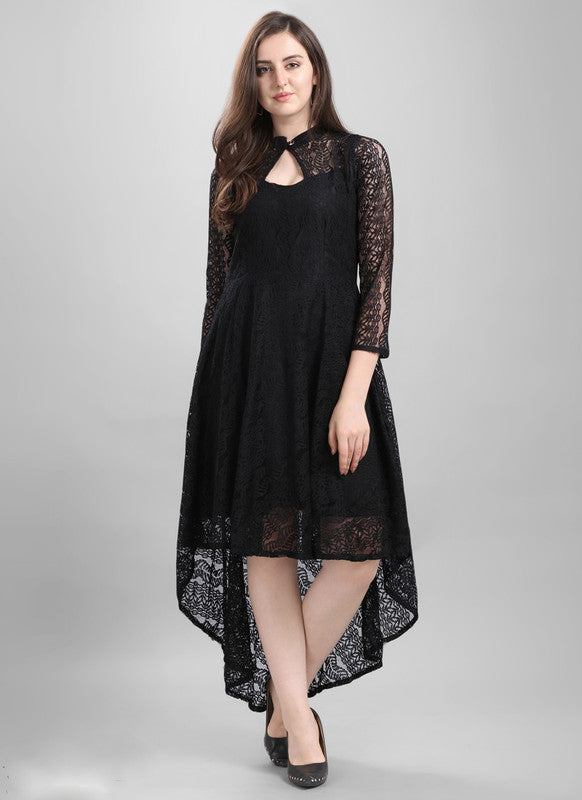 Black Coloured Premium Crepe Russel Net Long Sleeves High Low pattern Women Party wear Western Dress!!