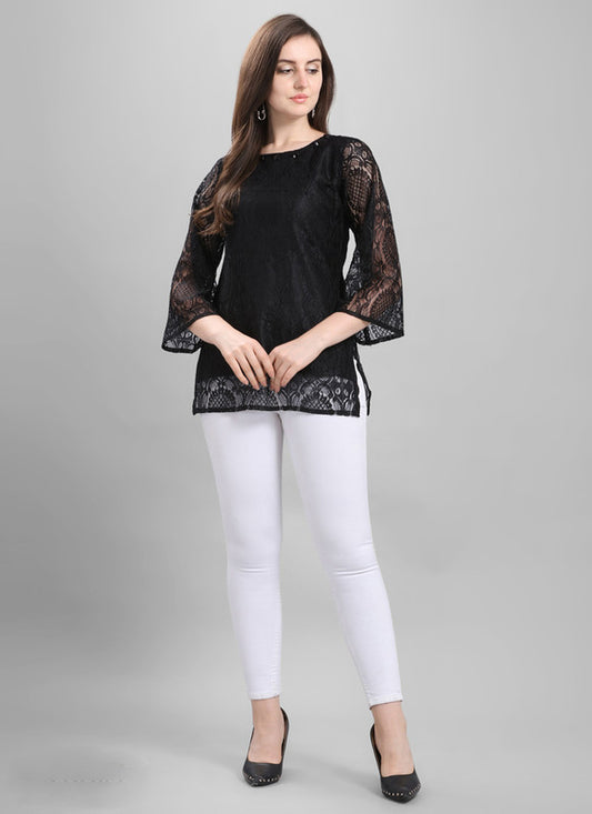 Black Coloured Premium Crepe Russell Net Bell Sleeves Round Neck Women Party wear Western Top!!