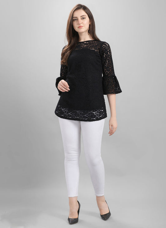 Black Coloured Premium Crepe Russell Net Bell Sleeves Round Neck Women Party wear Western Top!!