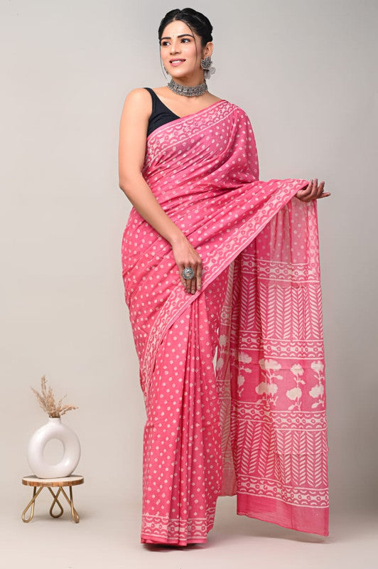 Pink & White Coloured Beautiful Hand Block printed Women Daily/Party wear Pure Cotton Saree with Blouse!!