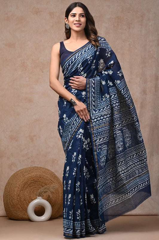 Blue & Off White Coloured Hand Block Printed Women Designer Party wear Chanderi Cotton Silk Saree with Runnin Blouse!!