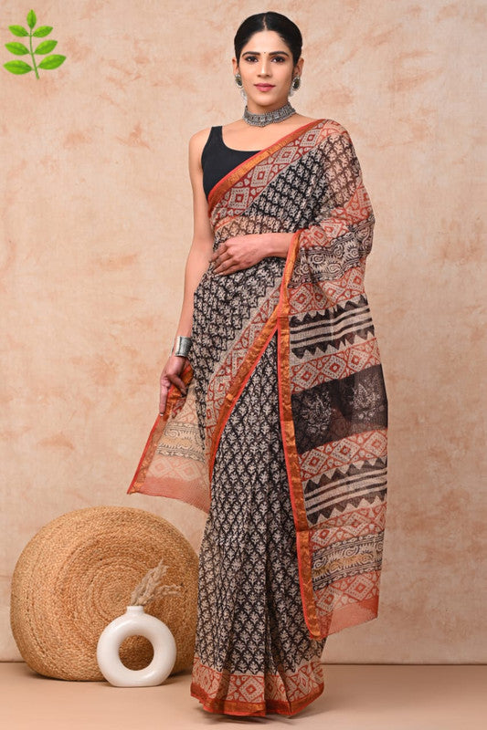 Black & Multi Coloured Hand Block Printed Women Designer Party wear Kota Doria Cotton Saree with Runnin Blouse!!