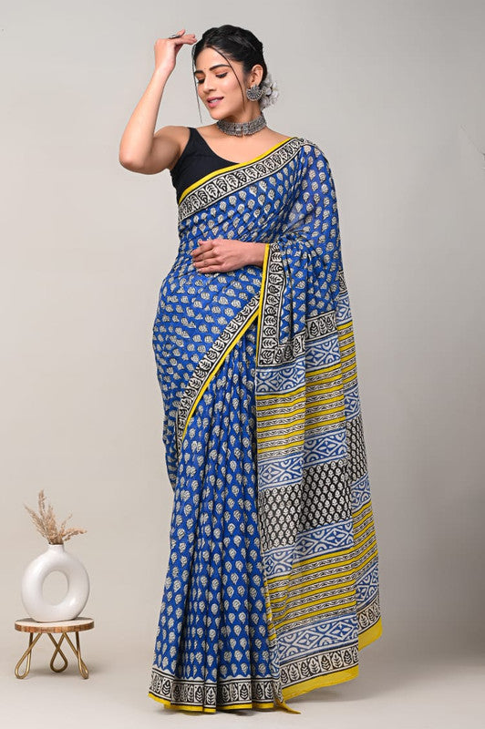 Blue & Multi Coloured Beautiful Hand Block printed Women Daily/Party wear Pure Cotton Saree with Blouse!!