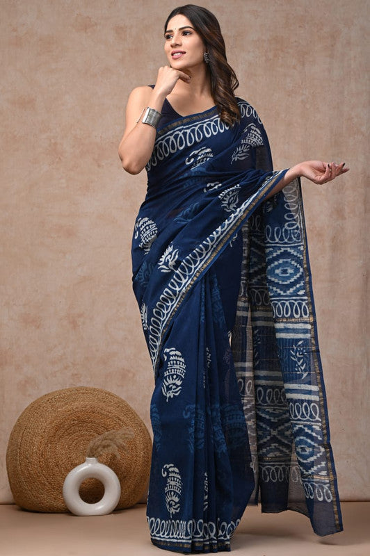 Blue & Off White Coloured Hand Block Printed Women Designer Party wear Chanderi Cotton Silk Saree with Runnin Blouse!!